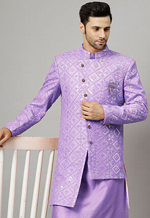 Embroidered Georgette Long Jacket in Light Purple