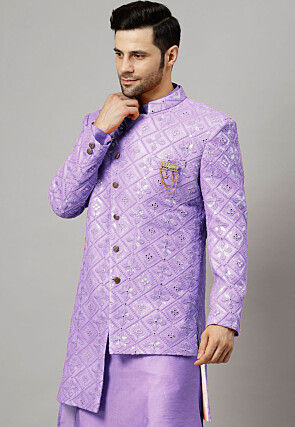 Embroidered Georgette Long Jacket in Light Purple