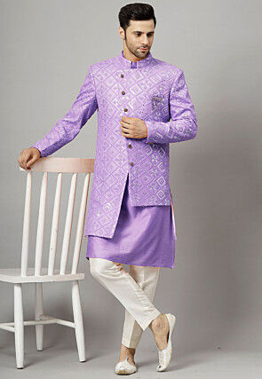 Embroidered Georgette Long Jacket in Light Purple