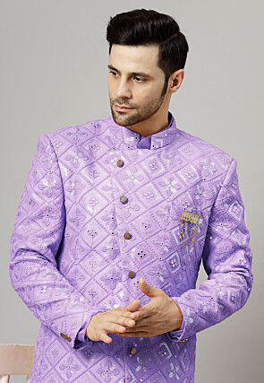 Embroidered Georgette Long Jacket in Light Purple