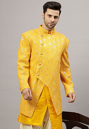 Embroidered Georgette Long Jacket in Mustard