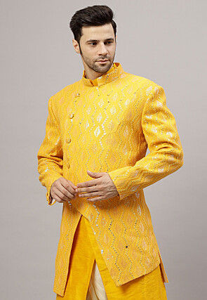 Embroidered Georgette Long Jacket in Mustard