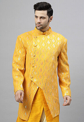 Embroidered Georgette Long Jacket in Mustard