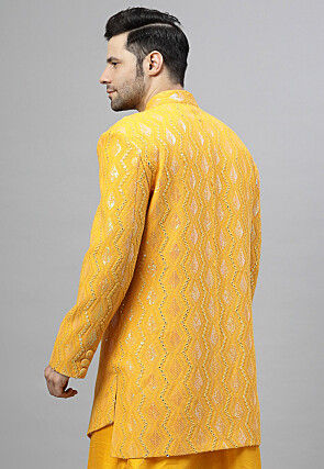 Embroidered Georgette Long Jacket in Mustard