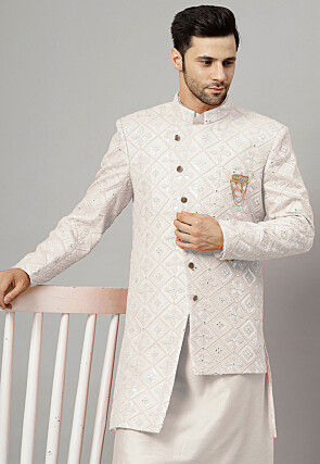 Embroidered Georgette Long Jacket in White