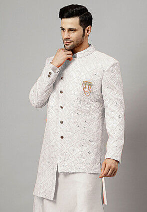 Embroidered Georgette Long Jacket in White