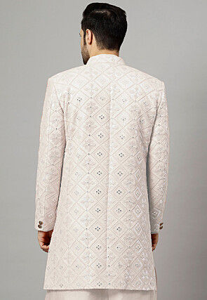 Embroidered Georgette Long Jacket in White