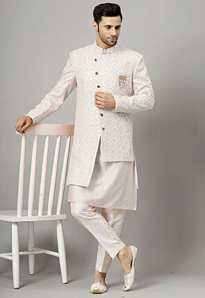 Embroidered Georgette Long Jacket in White