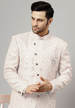 Embroidered Georgette Long Jacket in White
