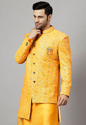 Embroidered Georgette Long Jacket in Yellow