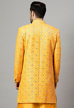 Embroidered Georgette Long Jacket in Yellow