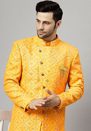 Embroidered Georgette Long Jacket in Yellow