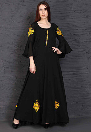 Embroidered Georgette Long Kurta in Black