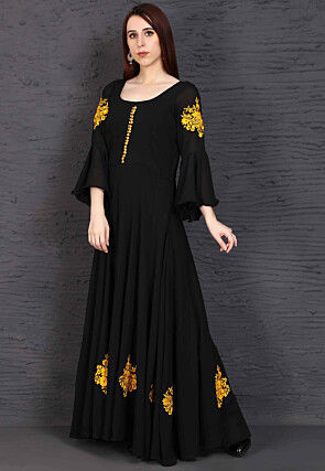 Embroidered Georgette Long Kurta in Black
