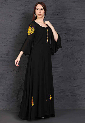 Embroidered Georgette Long Kurta in Black