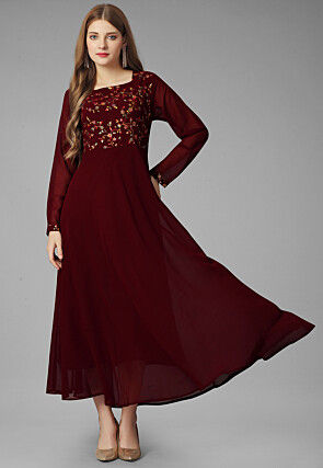 Embroidered Georgette Long Kurta in Maroon