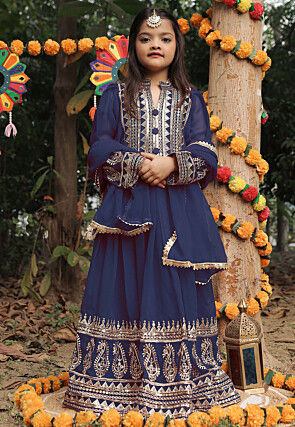 Embroidered Georgette Long Kurta in Navy Blue