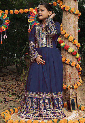 Embroidered Georgette Long Kurta in Navy Blue