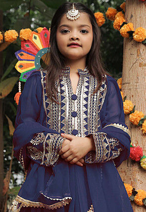 Embroidered Georgette Long Kurta in Navy Blue