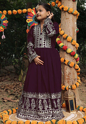 Embroidered Georgette Long Kurta in Purple