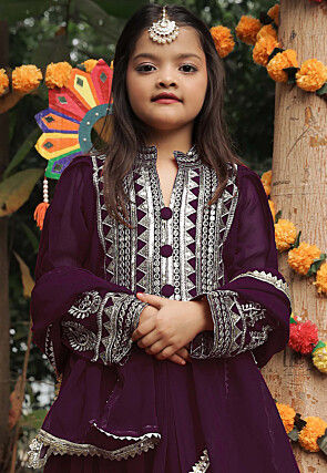 Embroidered Georgette Long Kurta in Purple