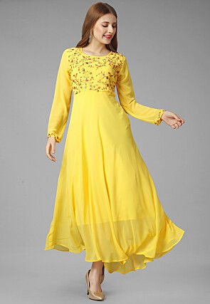 Embroidered Georgette Long Kurta in Yellow