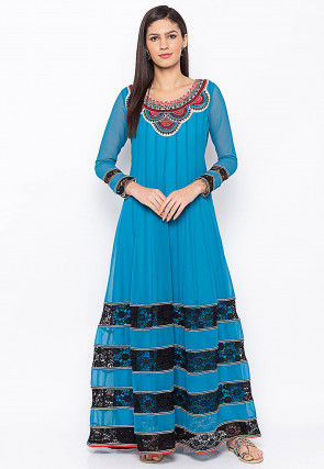 Embroidered Georgette Long Kurta Set in Blue