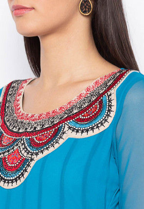 Embroidered Georgette Long Kurta Set in Blue
