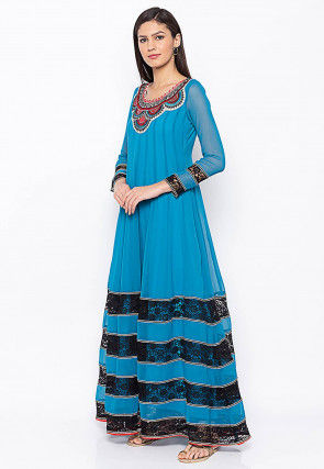 Embroidered Georgette Long Kurta Set in Blue