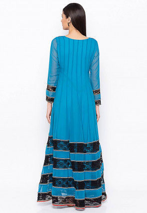 Embroidered Georgette Long Kurta Set in Blue