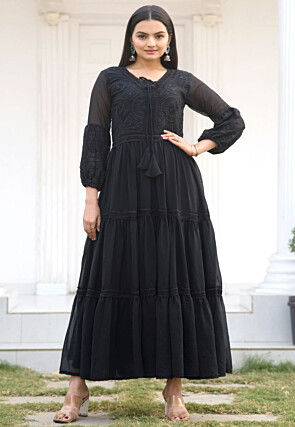 Embroidered Georgette Maxi Dress in Black