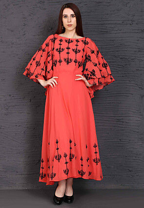 Embroidered Georgette Maxi Dress in Coral Pink