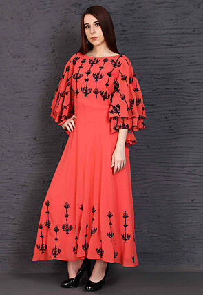 Embroidered Georgette Maxi Dress in Coral Pink