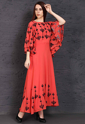 Embroidered Georgette Maxi Dress in Coral Pink