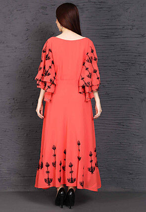 Embroidered Georgette Maxi Dress in Coral Pink