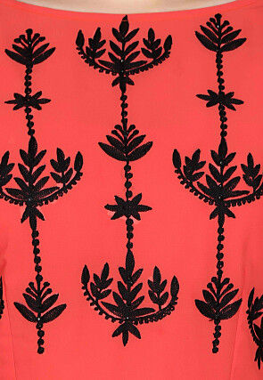 Embroidered Georgette Maxi Dress in Coral Pink