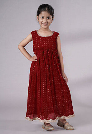 Embroidered Georgette Maxi Dress in Maroon