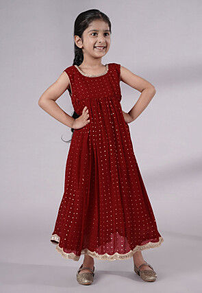 Embroidered Georgette Maxi Dress in Maroon