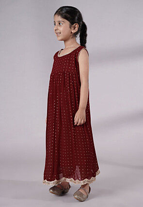 Embroidered Georgette Maxi Dress in Maroon