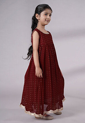 Embroidered Georgette Maxi Dress in Maroon