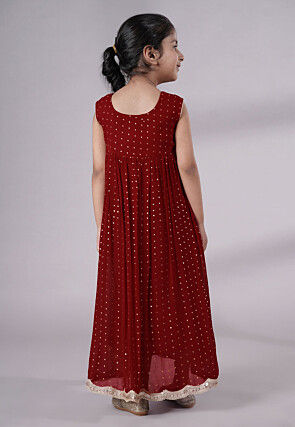 Embroidered Georgette Maxi Dress in Maroon