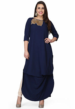 Embroidered Georgette Maxi Dress in Navy Blue