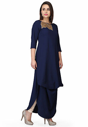 Embroidered Georgette Maxi Dress in Navy Blue