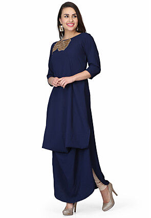 Embroidered Georgette Maxi Dress in Navy Blue
