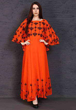Embroidered Georgette Maxi Dress in Orange