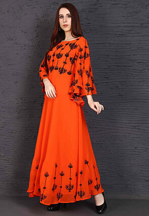 Embroidered Georgette Maxi Dress in Orange