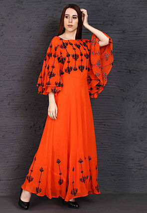 Embroidered Georgette Maxi Dress in Orange