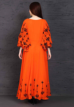 Embroidered Georgette Maxi Dress in Orange