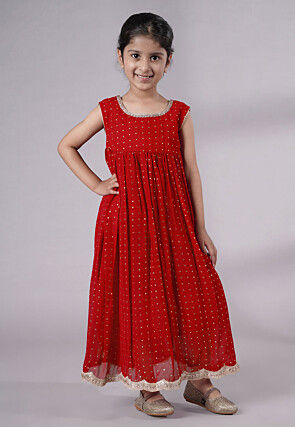 Embroidered Georgette Maxi Dress in Red