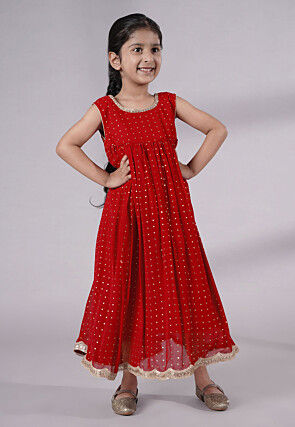 Embroidered Georgette Maxi Dress in Red